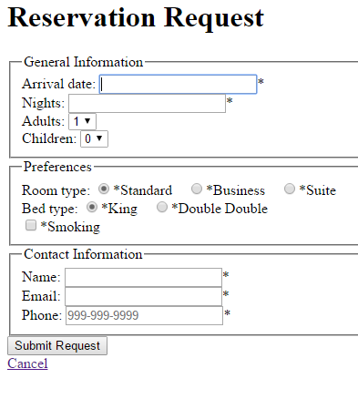 J Query Reservation Site example